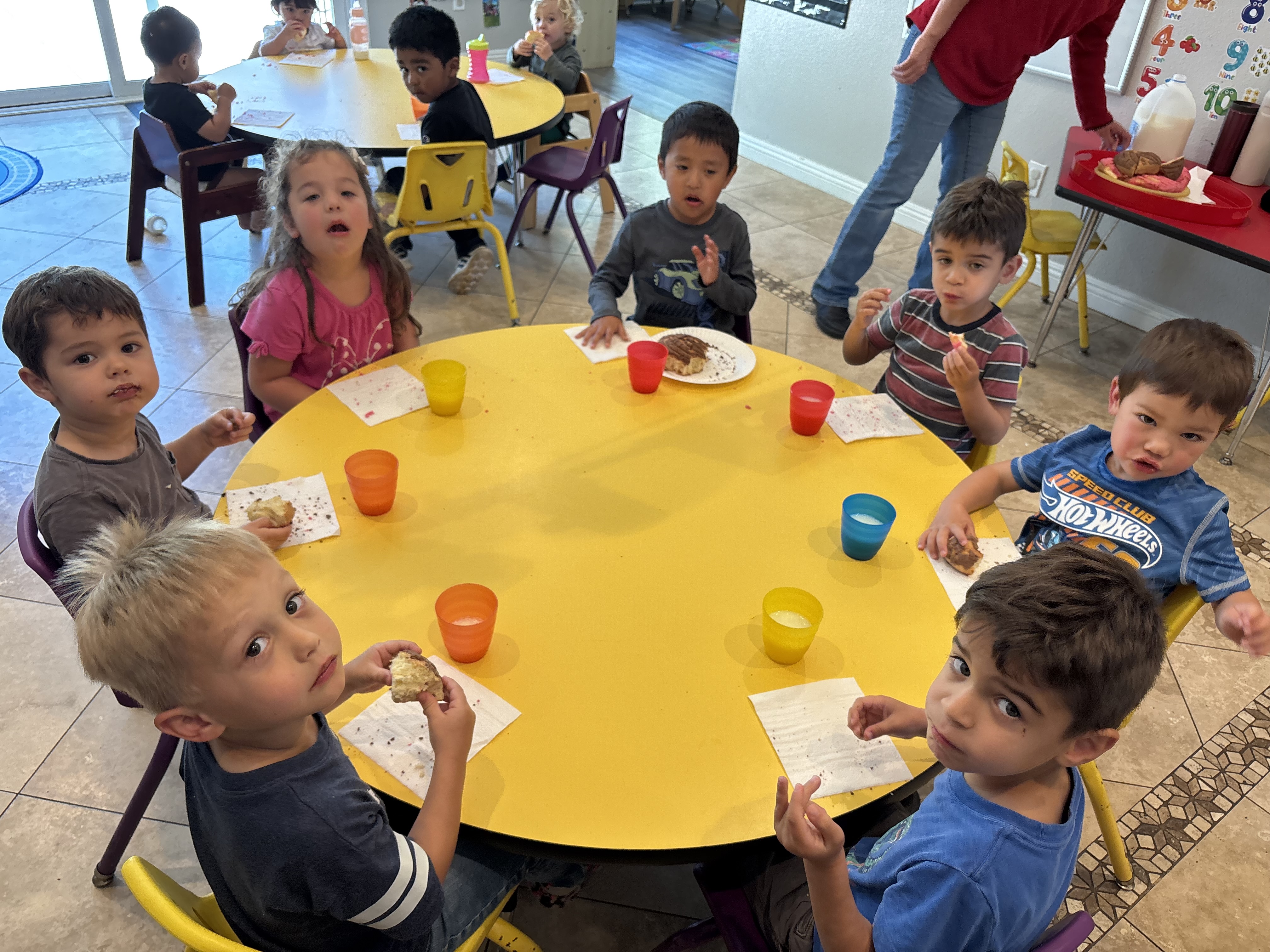 Family-style lunch table at Ms. Rena's Christian home preschool in Escondido